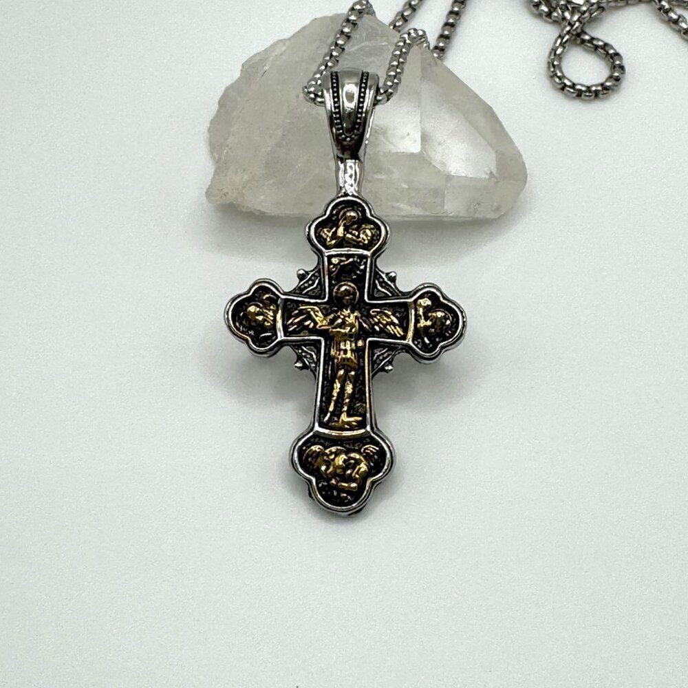 TwoTone Catholic Cross Heavy Pendant and Necklace #1434 - Picture 8 of 8